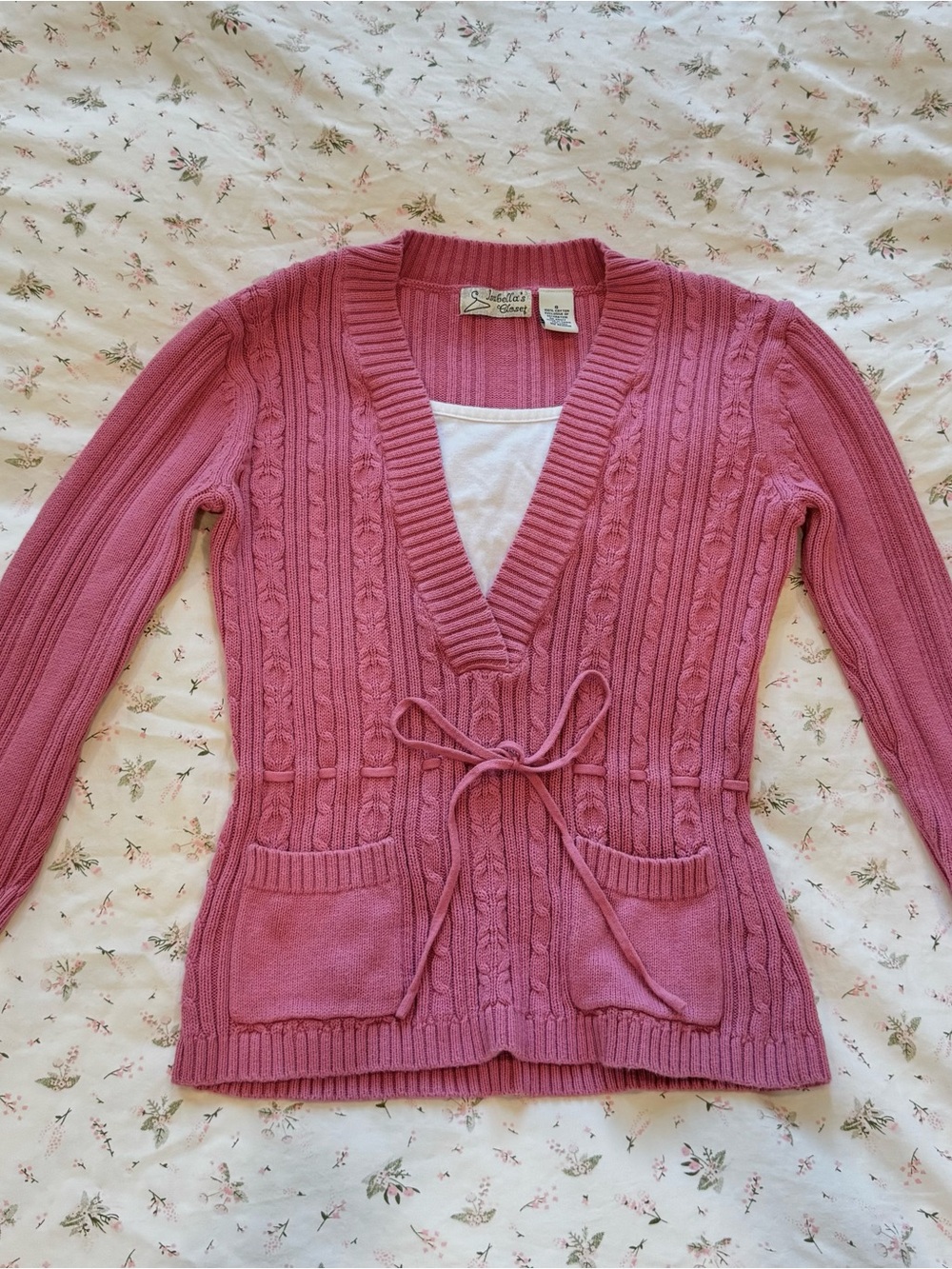 Women's Pink Cable-Knit Tie-Waist Sweater